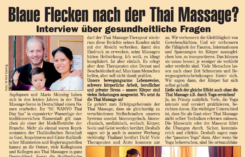 Blaue Flecken nach der Thaimassage - Interview Beitrag aus der Farang 09-2015. Gespräch zum Thema Hämatom und gesundheitlichen Fragen.